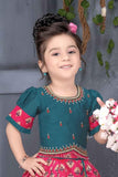 Blue And Pink Silk Pattu Pavadai With Gold Foil Print For Girls - Lagorii Kids