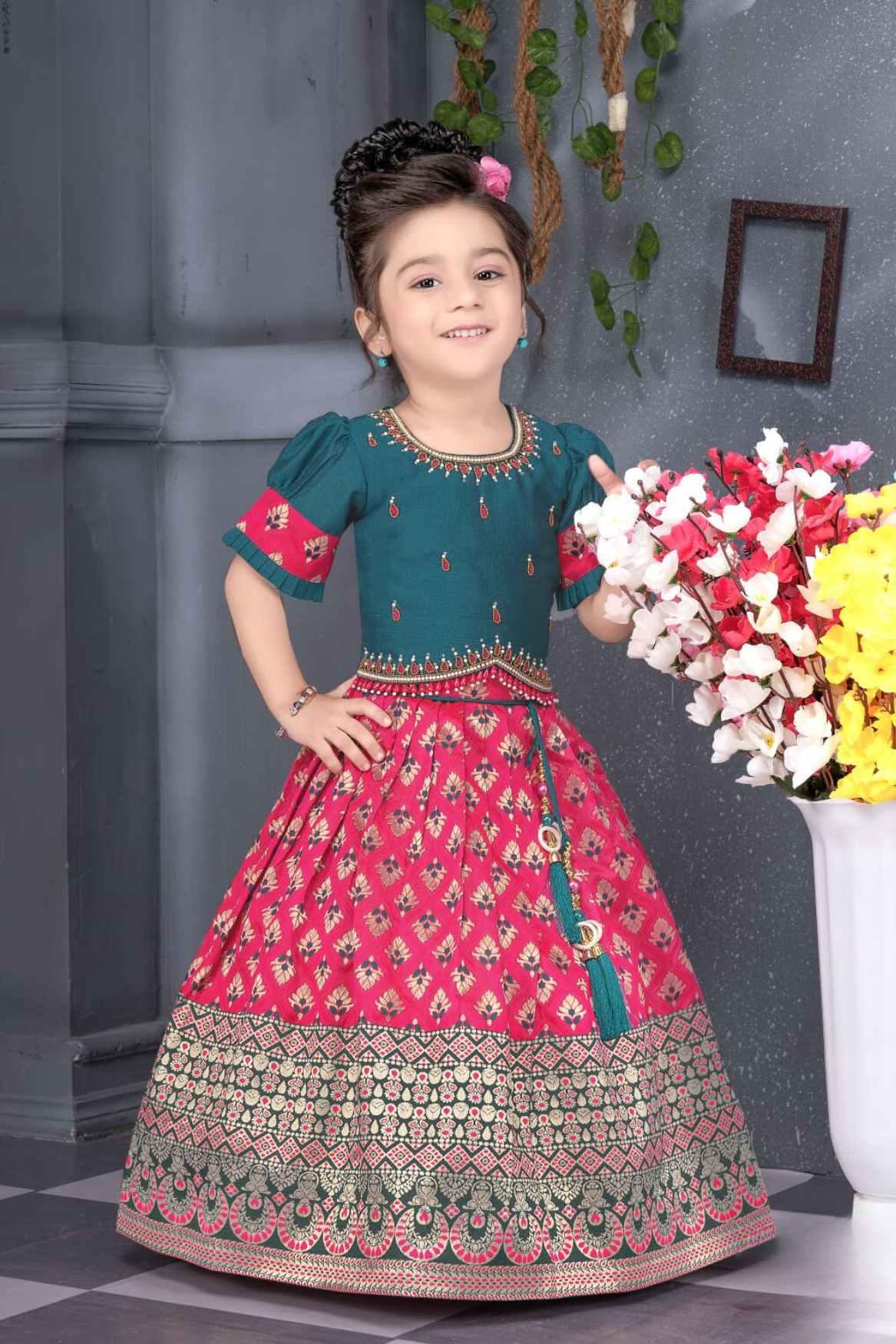 Blue And Pink Silk Pattu Pavadai With Gold Foil Print For Girls - Lagorii Kids