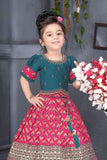 Blue And Pink Silk Pattu Pavadai With Gold Foil Print For Girls - Lagorii Kids
