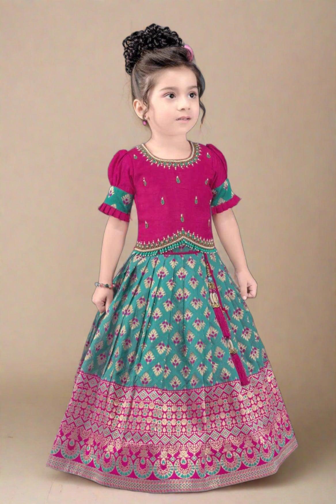 Pink And Turquoise Green Silk Pattu Pavadai With Gold Foil Print For Girls - Lagorii Kids