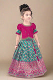 Pink And Turquoise Green Silk Pattu Pavadai With Gold Foil Print For Girls - Lagorii Kids