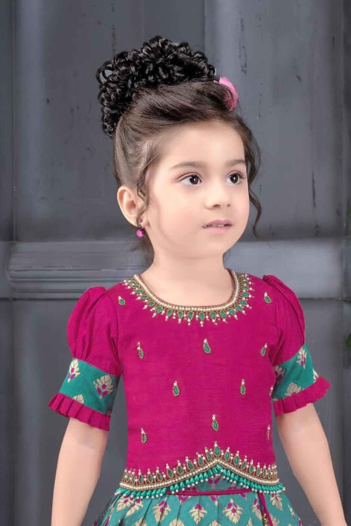 Pink And Turquoise Green Silk Pattu Pavadai With Gold Foil Print For Girls - Lagorii Kids
