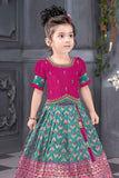 Pink And Turquoise Green Silk Pattu Pavadai With Gold Foil Print For Girls - Lagorii Kids