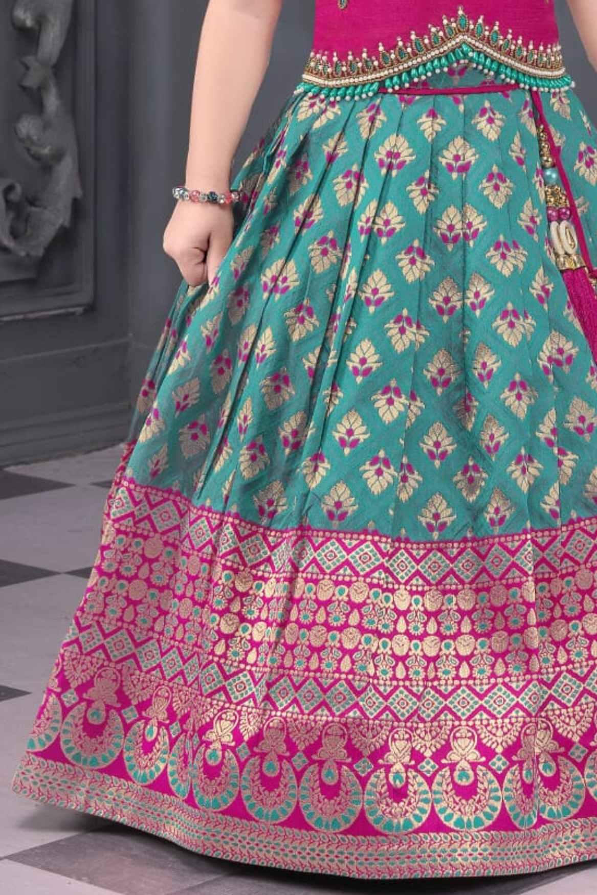 Pink And Turquoise Green Silk Pattu Pavadai With Gold Foil Print For Girls - Lagorii Kids