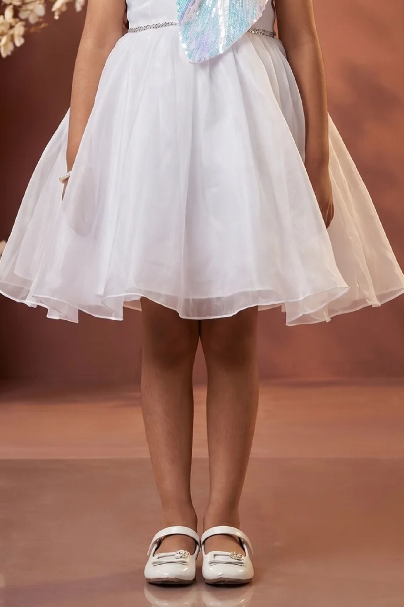 White Party Frock With Sequin Bow And 3D Flower Detail For Girls