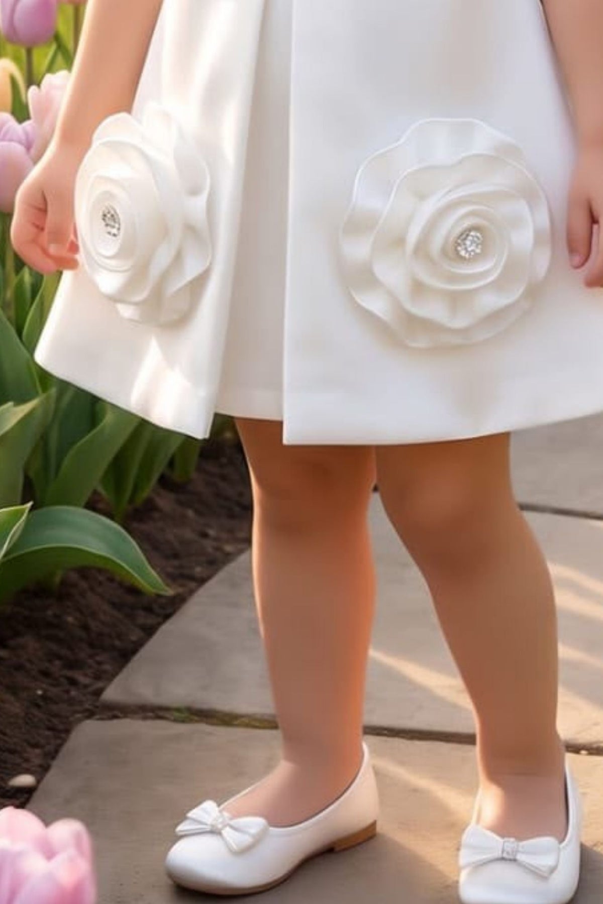 Girls White Bow And Floral Applique Party Wear Frock