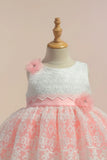 Peach & White Embroidered Party Frock with Floral Appliqué For Girls
