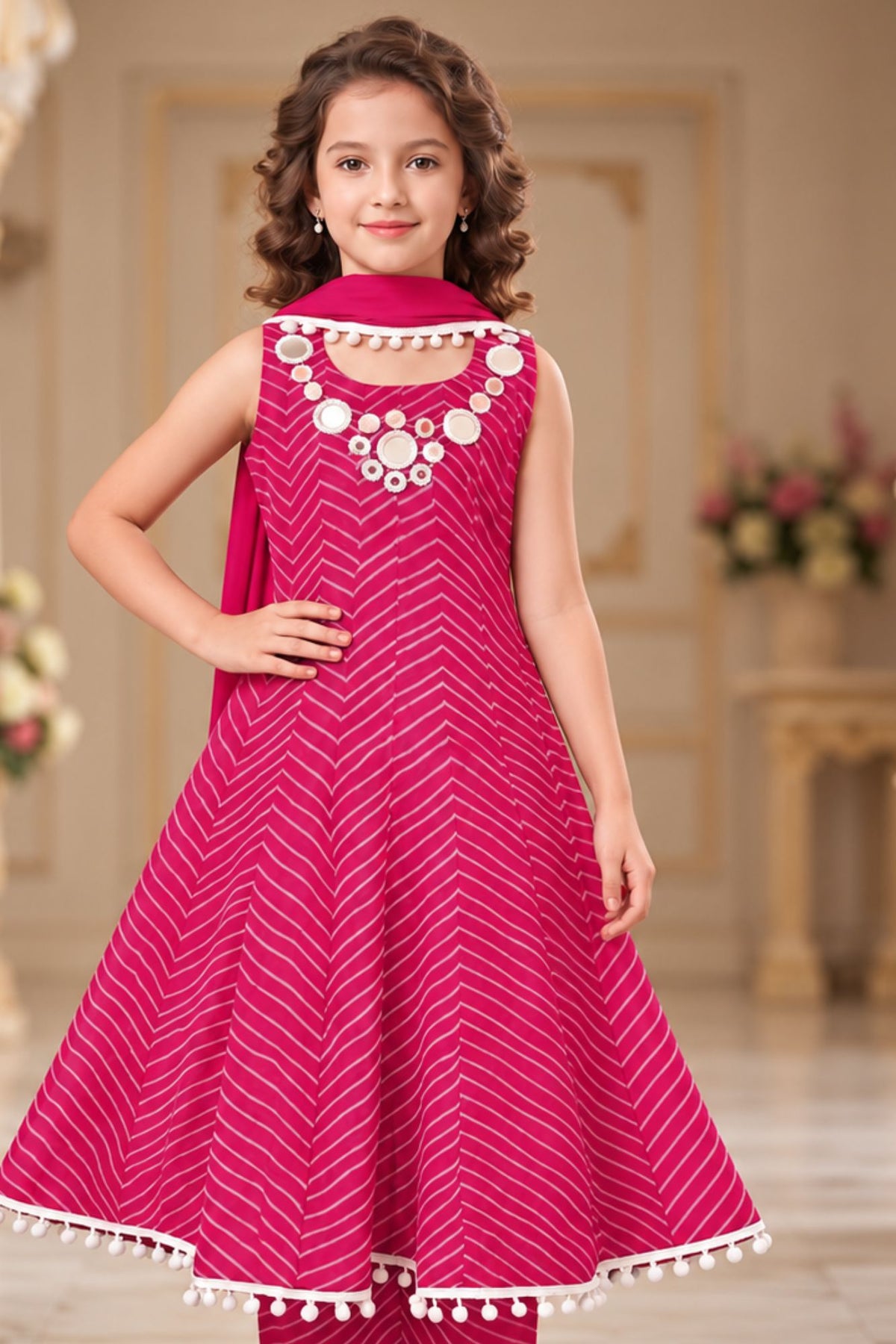 Girls Pink Embellished Kurta Set With Dupatta