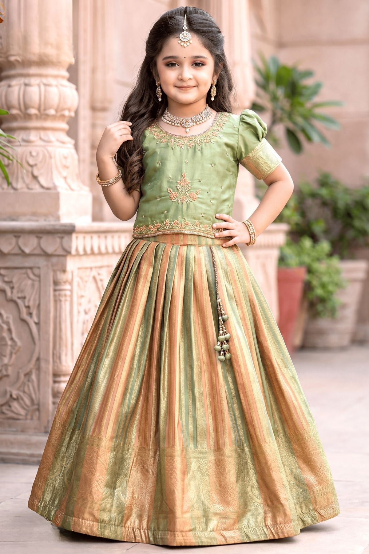 Girls Sage Green & Peach Gold Zari Woven Lehenga Choli Set with Dupatta