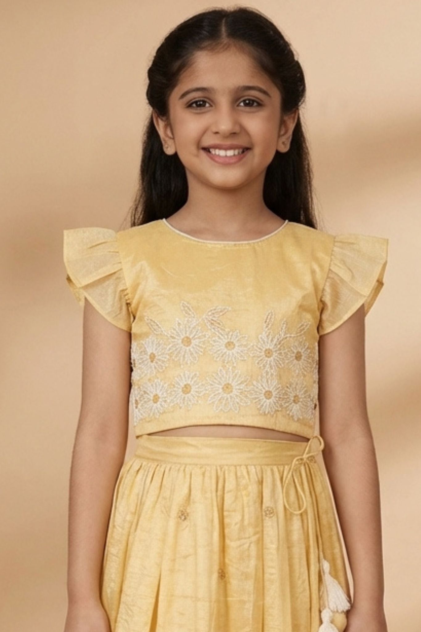 Yellow Shimmer Embroidered Lehenga Choli Set For Girls