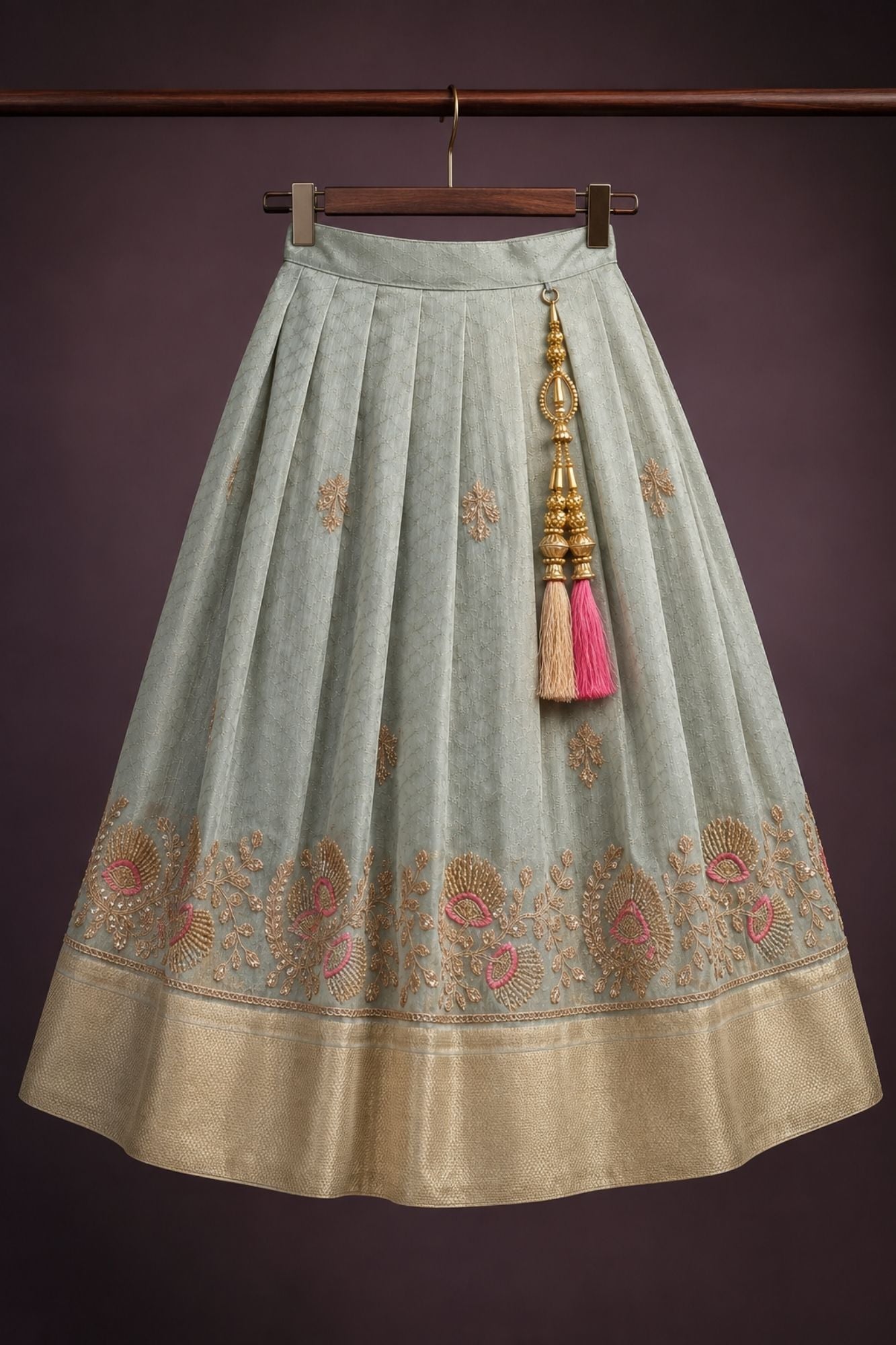 Pink & Ice Blue Silk Pattu Pavadai with Puff Sleeves For Girls