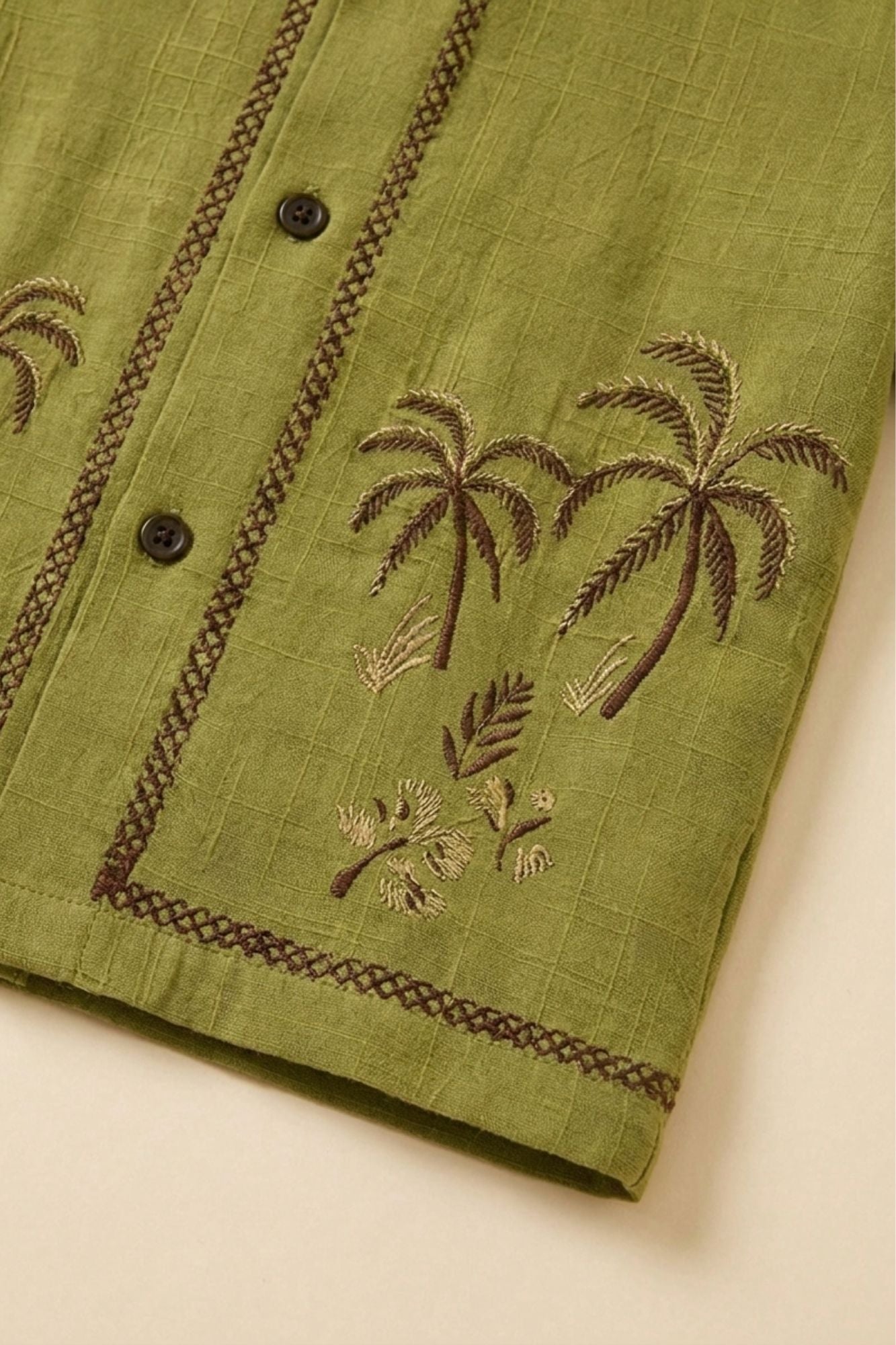 Boys Olive Green Tropical Embroidered Shorts Set with Collared Shirt