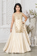 Girls Elegant Cream & Gold Embroidered Lehenga Choli Set