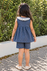 Adorable Girls Navy Blue Checked Top & Shorts Set with Ruffle Collar