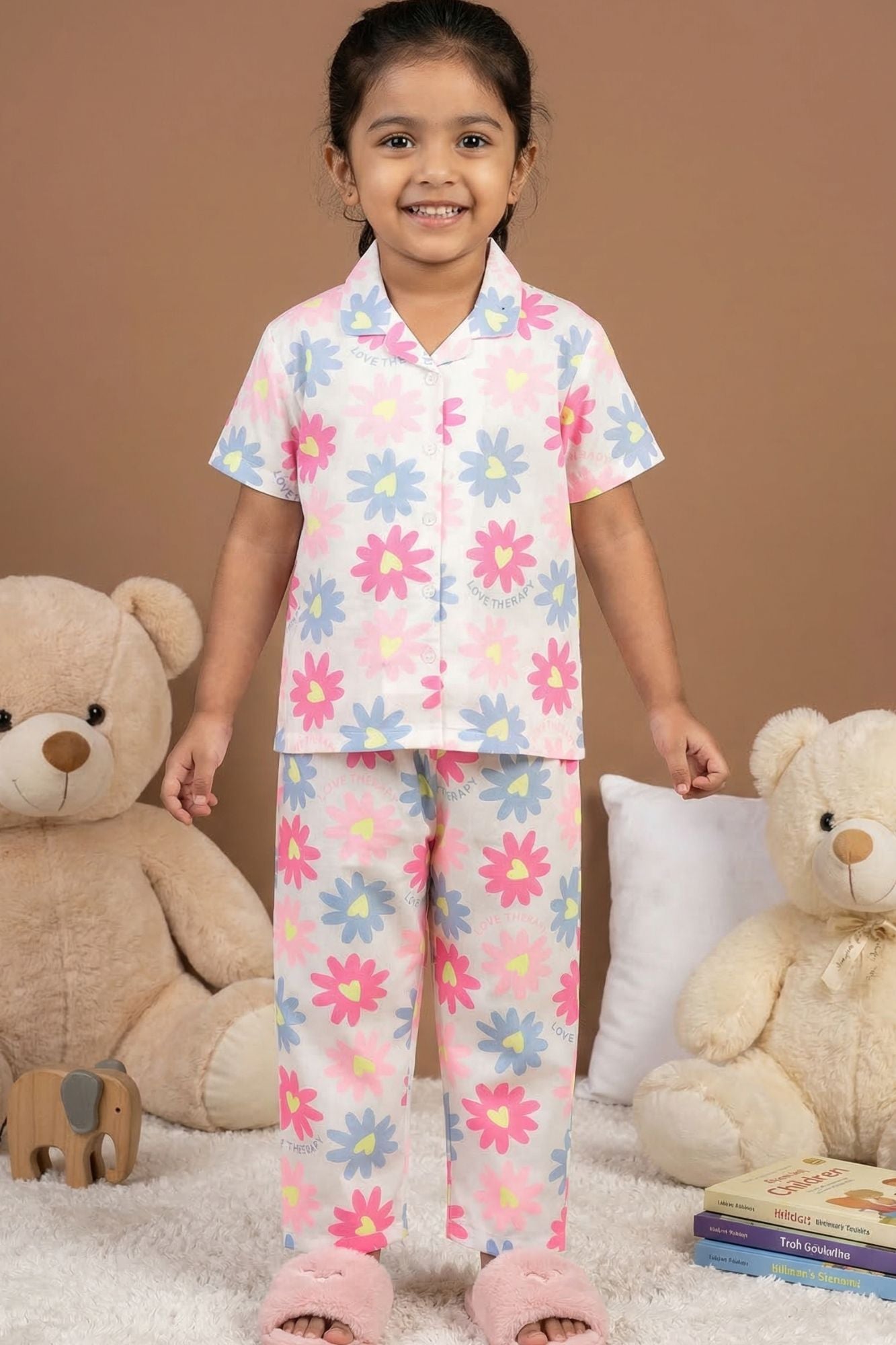 White Multicolor Daisy Floral Print Night Suit Set For Girls