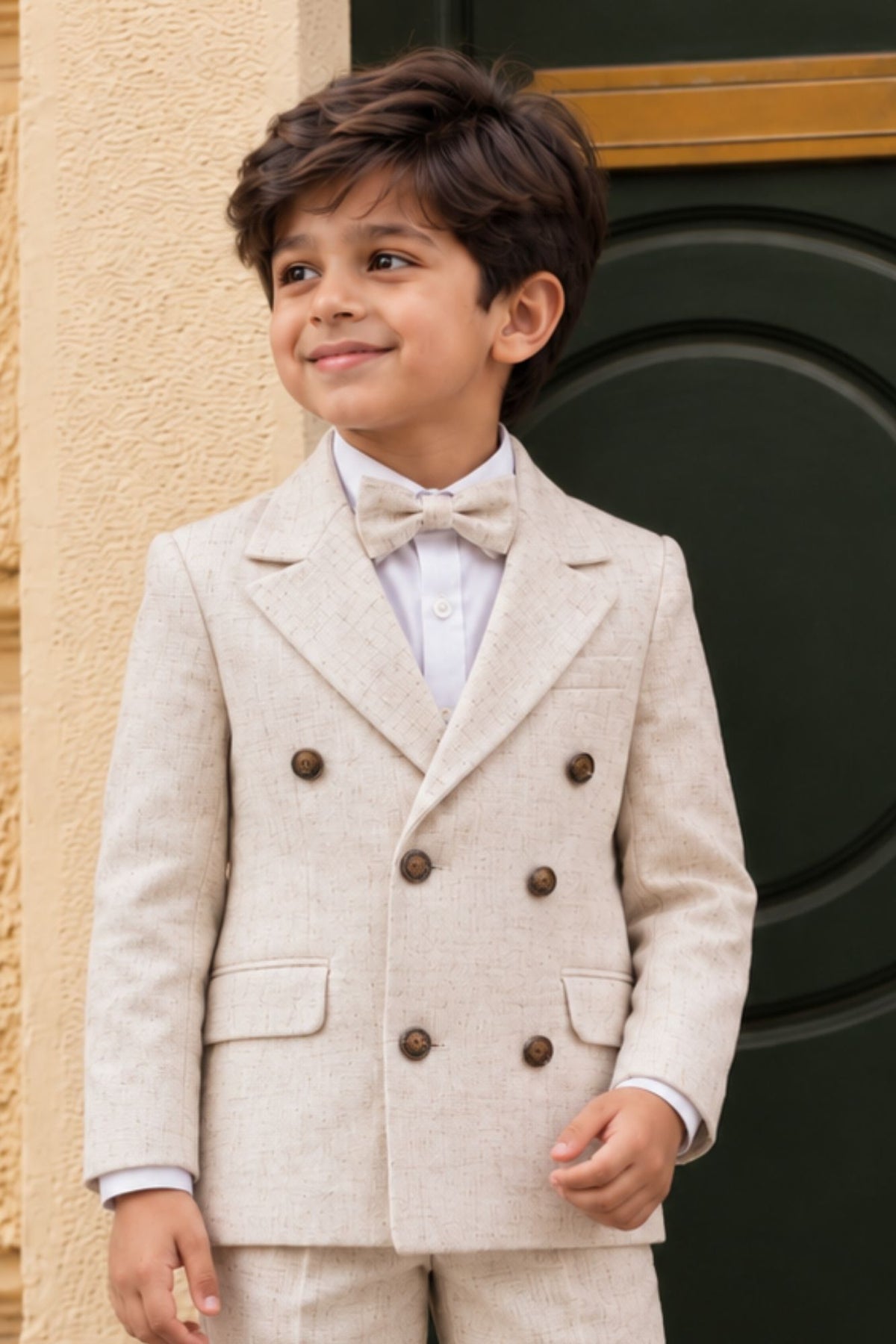 Boys Cream  Blazer Coat Suit Set with Bow Tie
