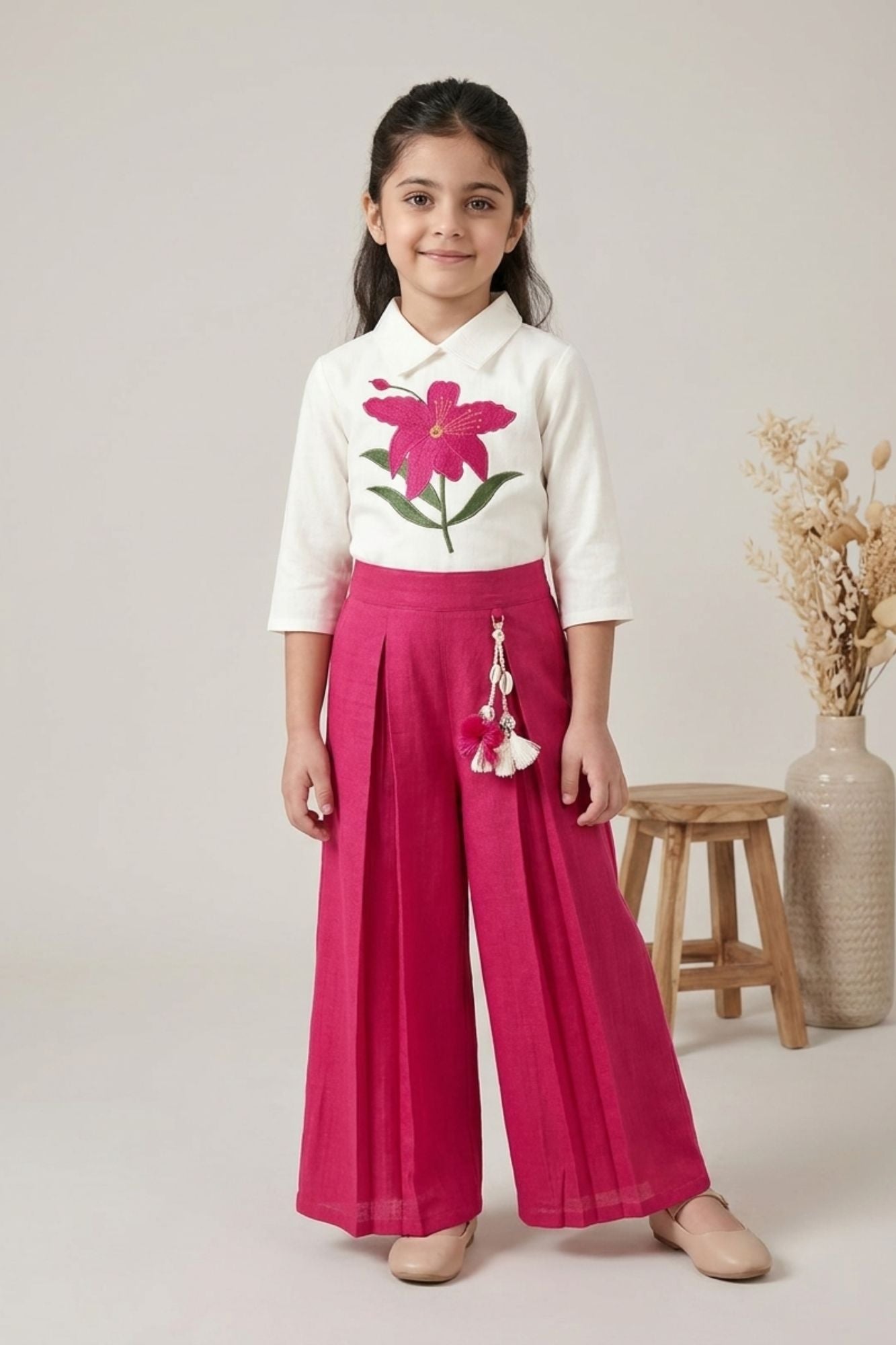 Girls White Floral Embroidered Top with Pink Pleated Palazzo Pants Set
