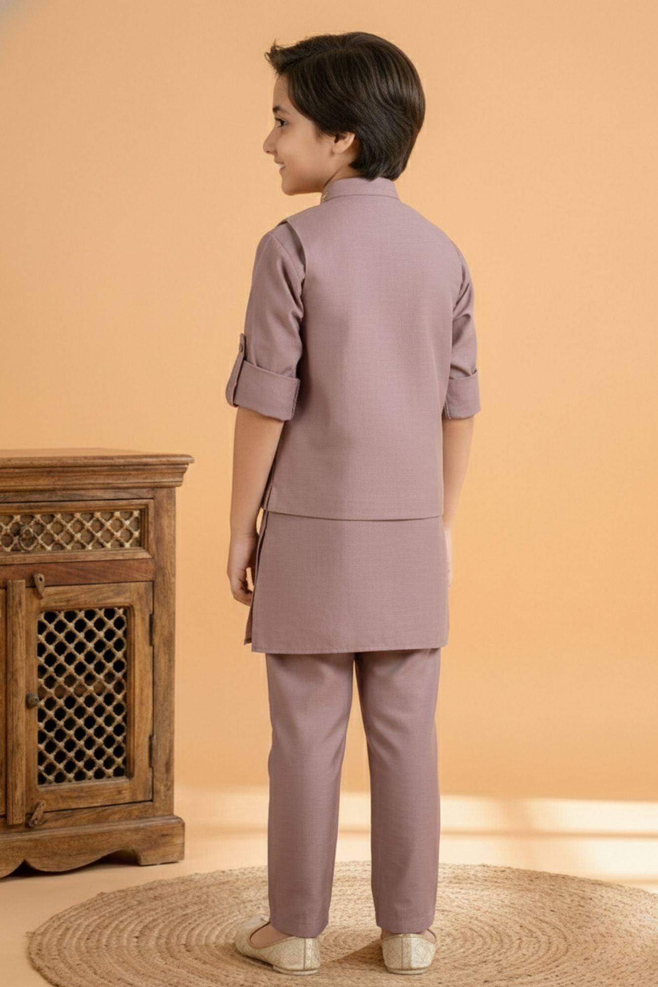 Onion Pink Embroidered Kurta Set with Nehru Jacket For Boys