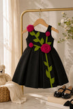 Girls Black 3D Rose Applique Party Wear Frock
