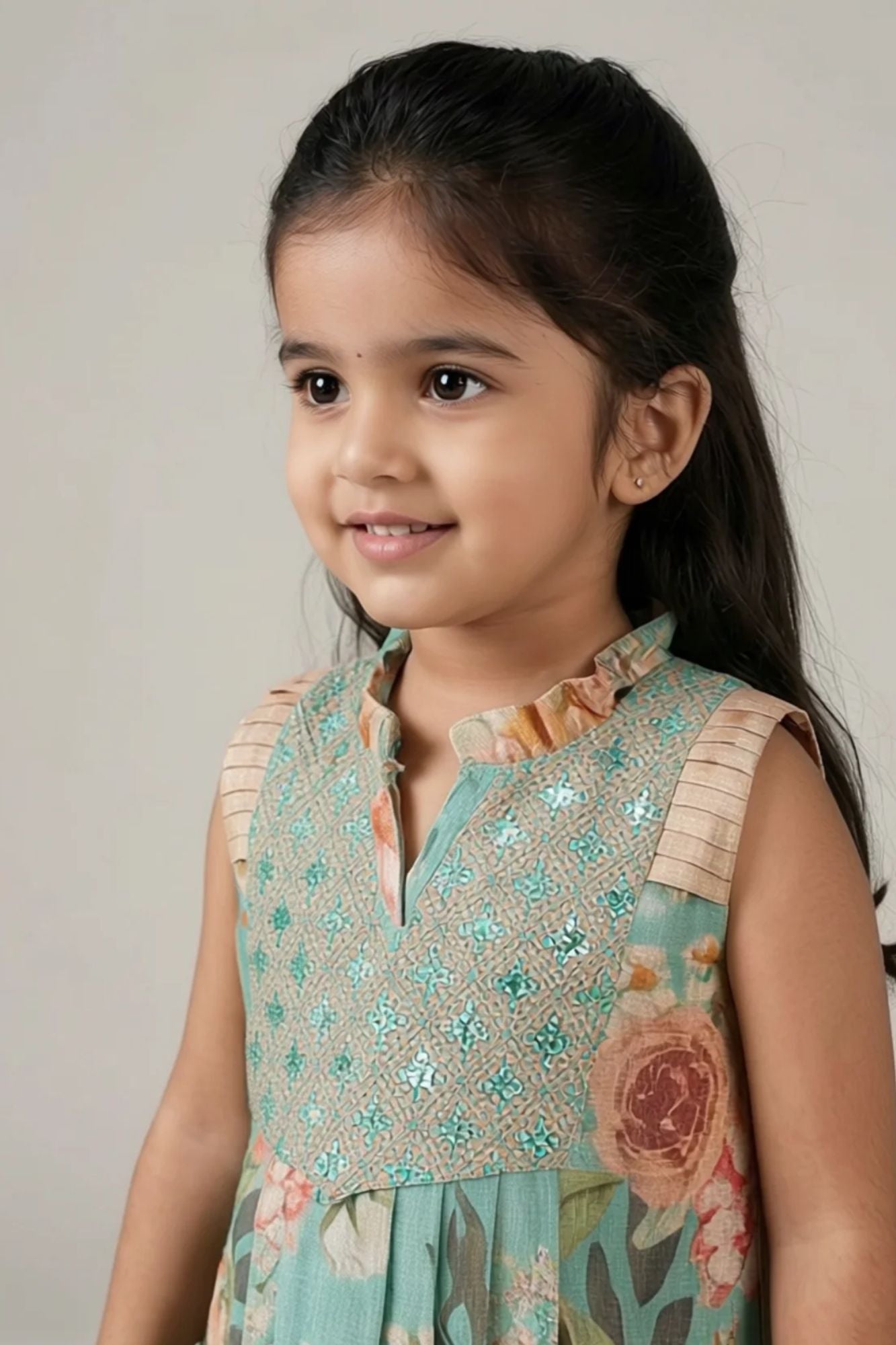 Teal Blue Bloom Sleeveless Floral Dress for Girls