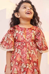 Orange Floral Printed Casual Frock With Bell Sleeves For Girls