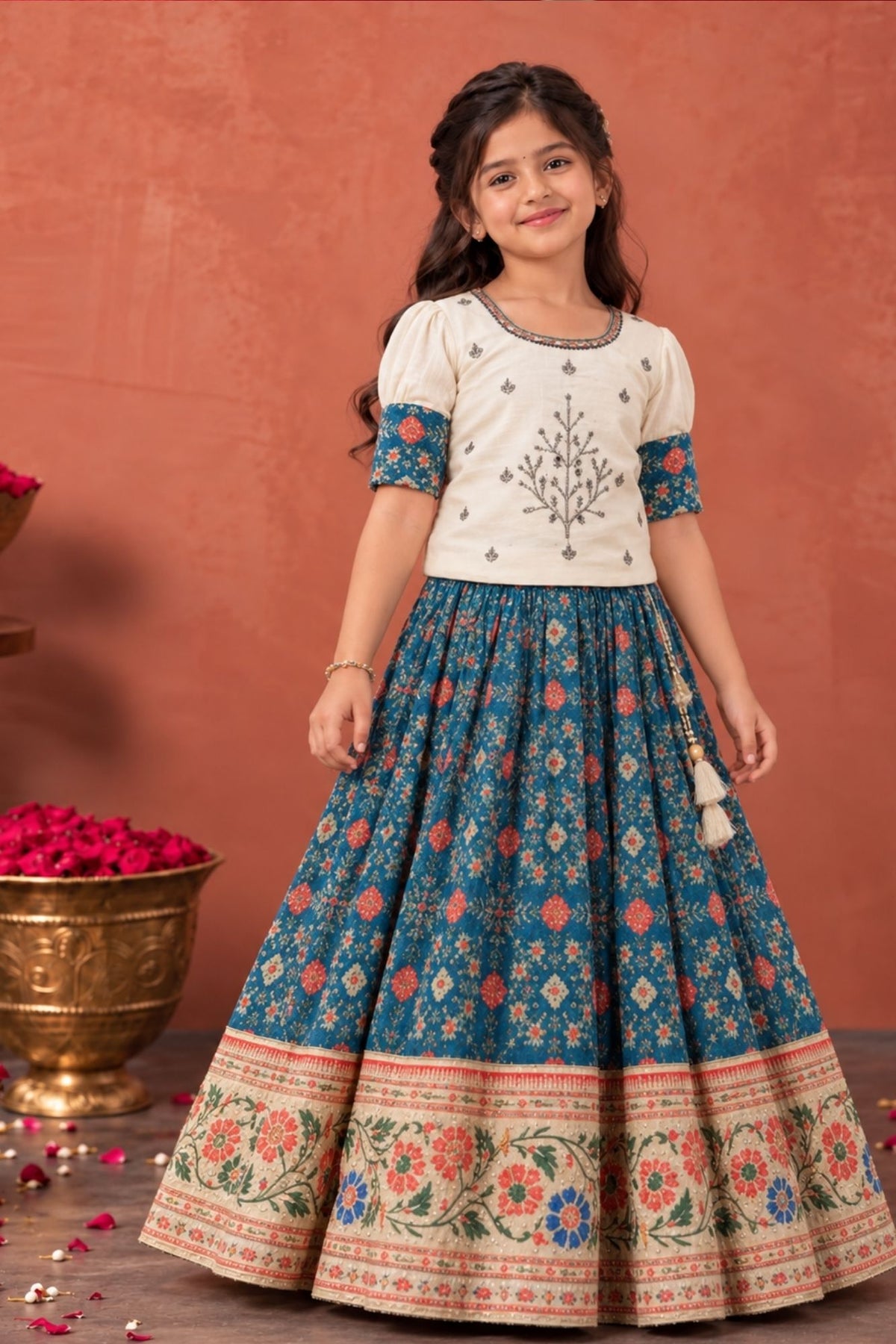 Ivory And Teal Blue Silk  Pattu Pavadai For Girls
