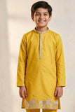 Boys Yellow Kurta Pajama Set With Golden Zari Embroidery And Shawl