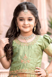Girls Sage Green & Peach Gold Zari Woven Lehenga Choli Set with Dupatta