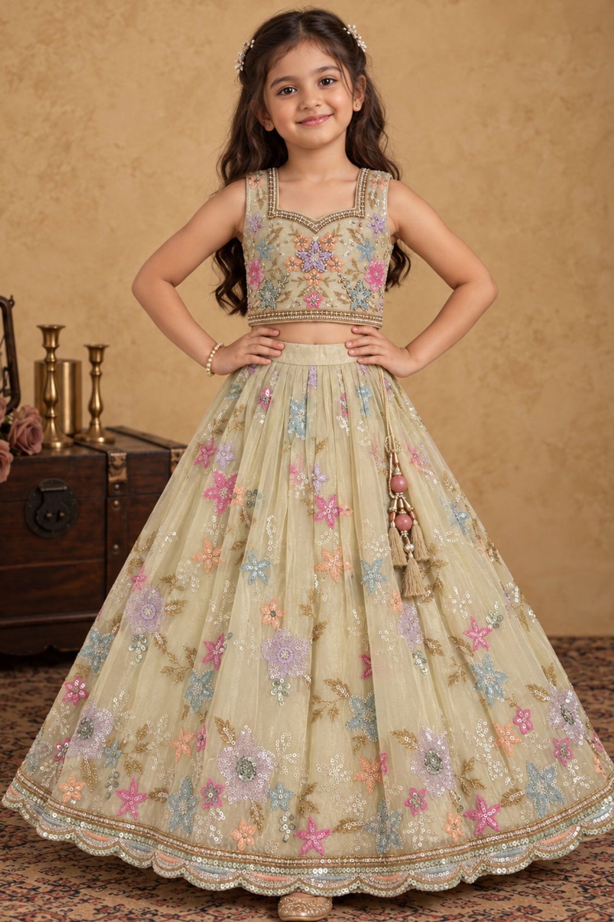 Girls Cream With Multicolor Floral Sequin Embellished Lehenga Choli Set