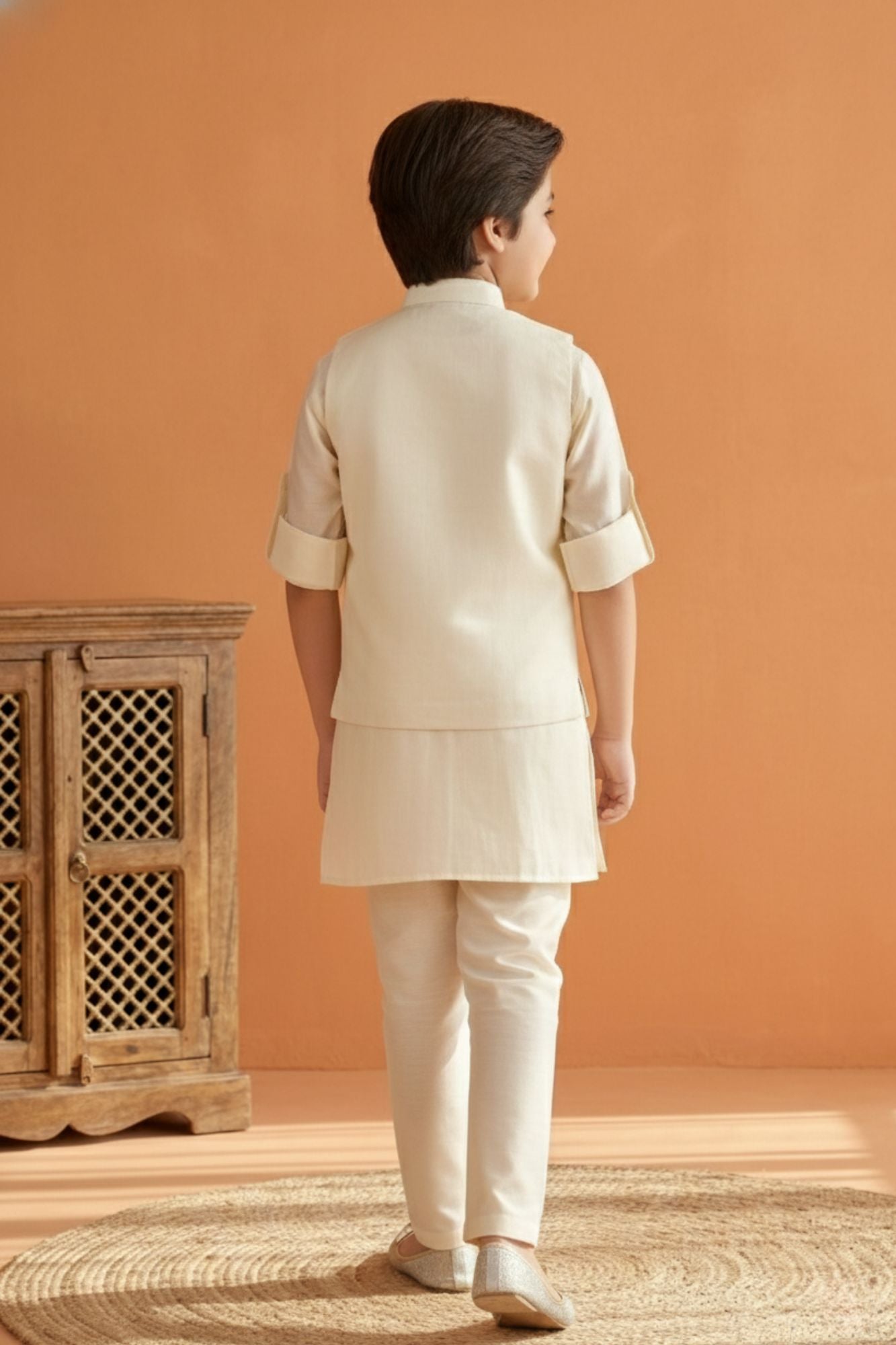 Cream Embroidered Kurta Set with Nehru Jacket For Boys