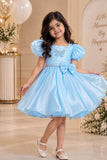 Sky Blue Puff-Sleeve Party Frock With Butterfly Embellishment For Girls
