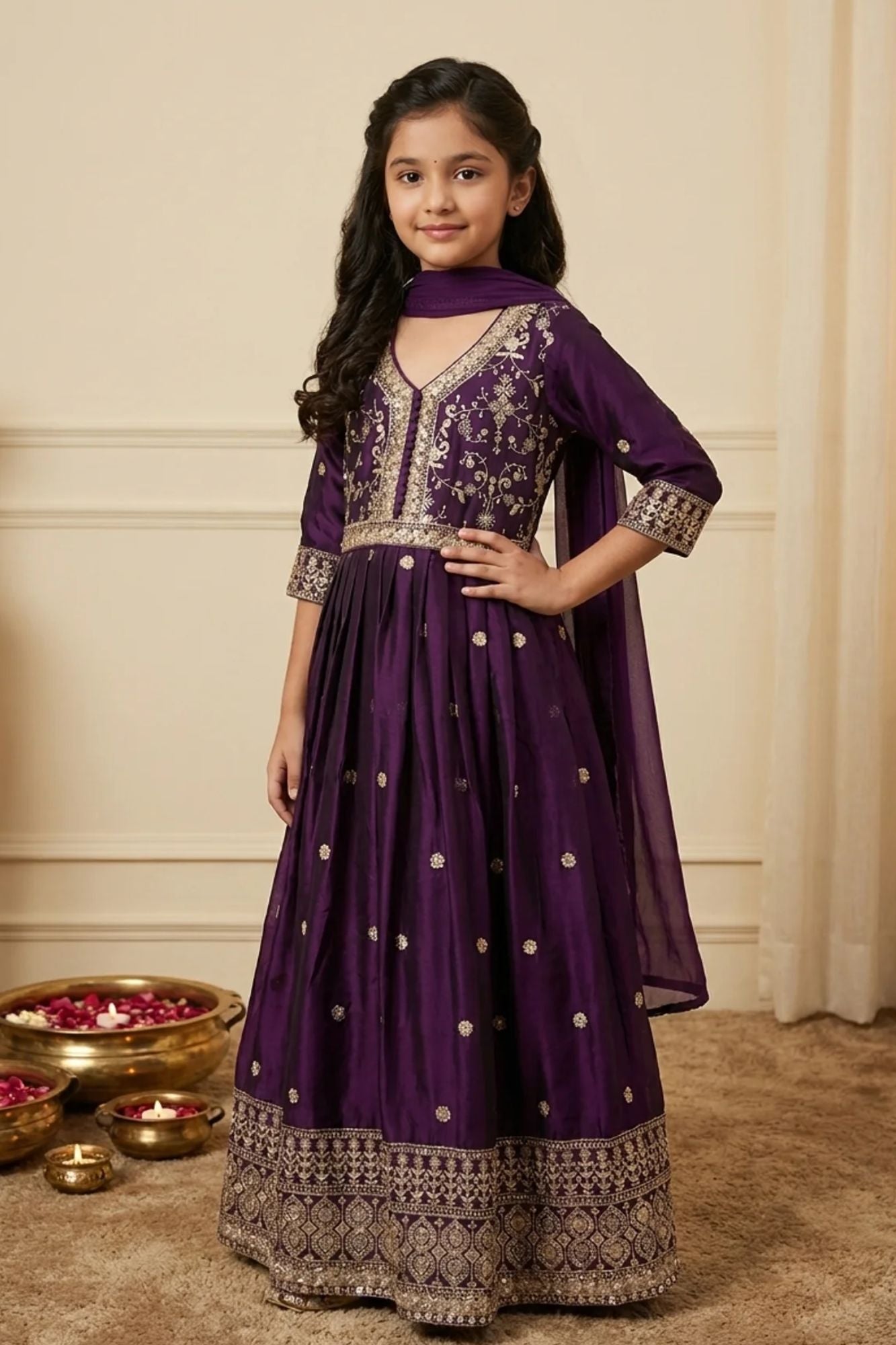 Wine Sequins Work And Zari Embroidered Ethnic Gown For Girls