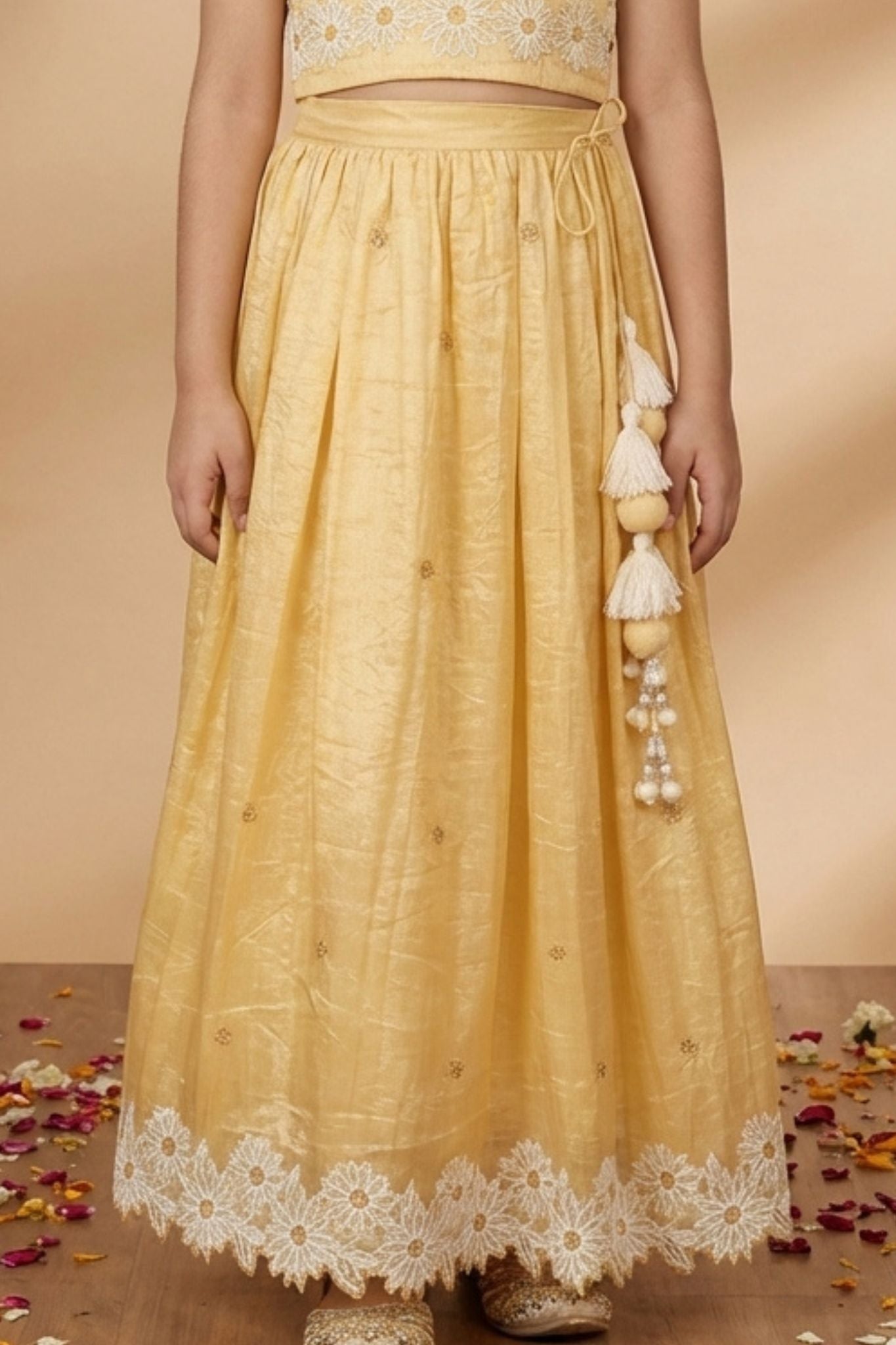 Yellow Shimmer Embroidered Lehenga Choli Set For Girls