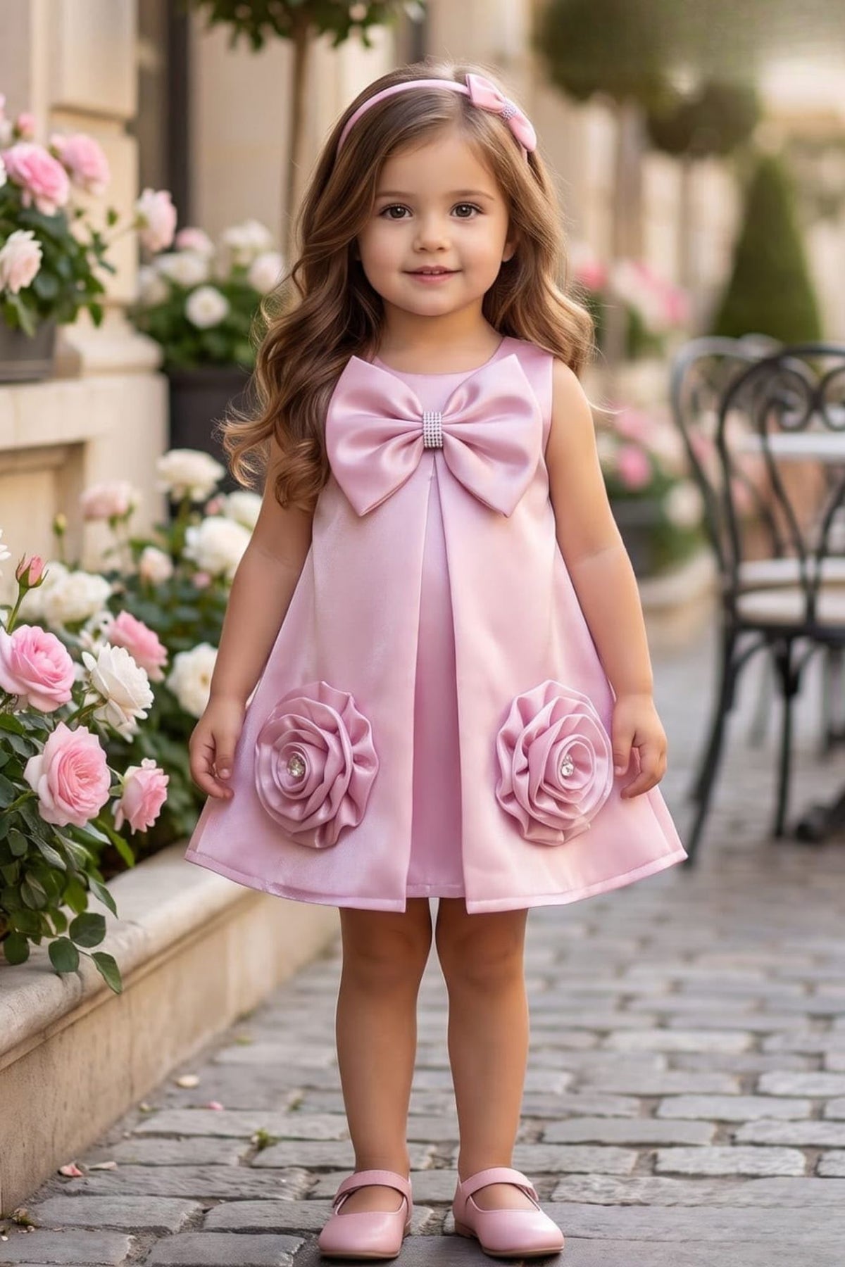 Girls Pastel Pink Bow And Floral Applique Party Wear Frock