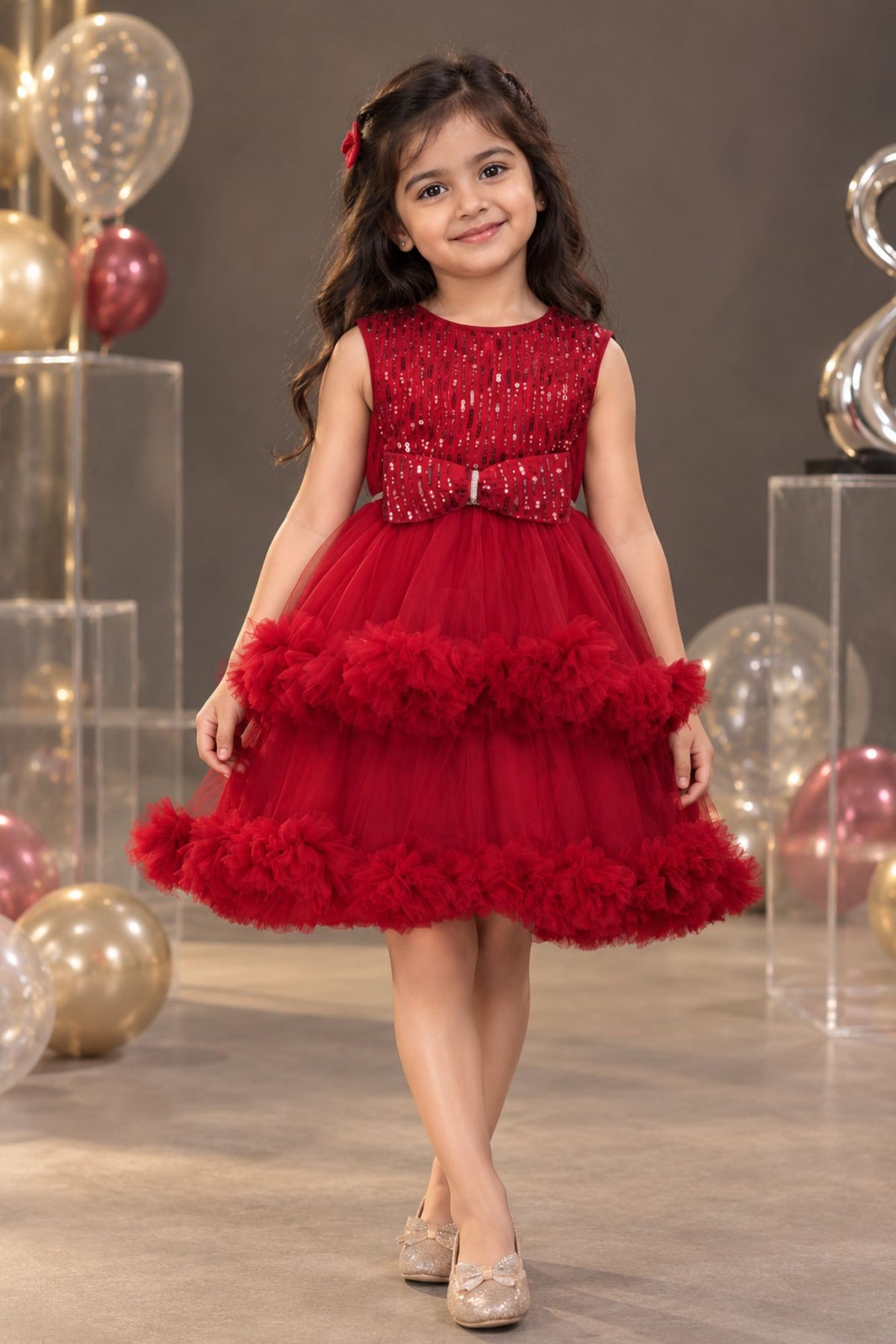 Maroon Sequin Work And Bow Embellished Party Frock For Girls