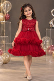 Maroon Sequin Work And Bow Embellished Party Frock For Girls