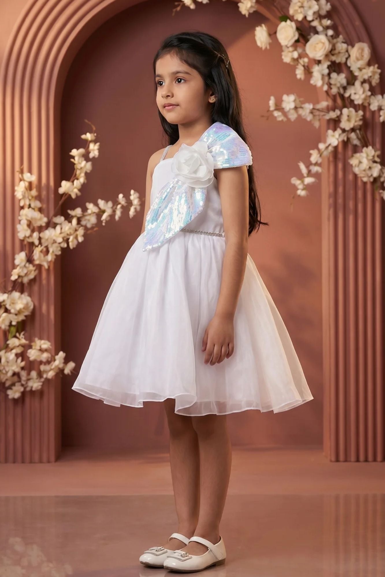 White Party Frock With Sequin Bow And 3D Flower Detail For Girls