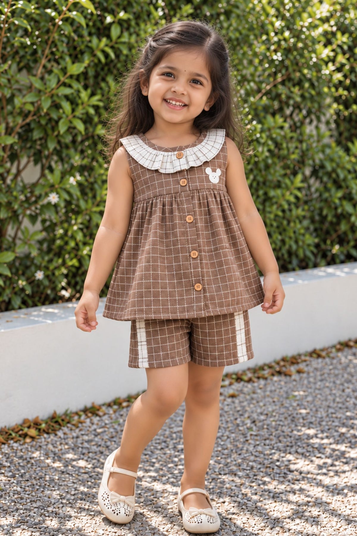 Adorable Girls Brown Checked Top & Shorts Set with Ruffle Collar