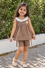 Adorable Girls Brown Checked Top & Shorts Set with Ruffle Collar