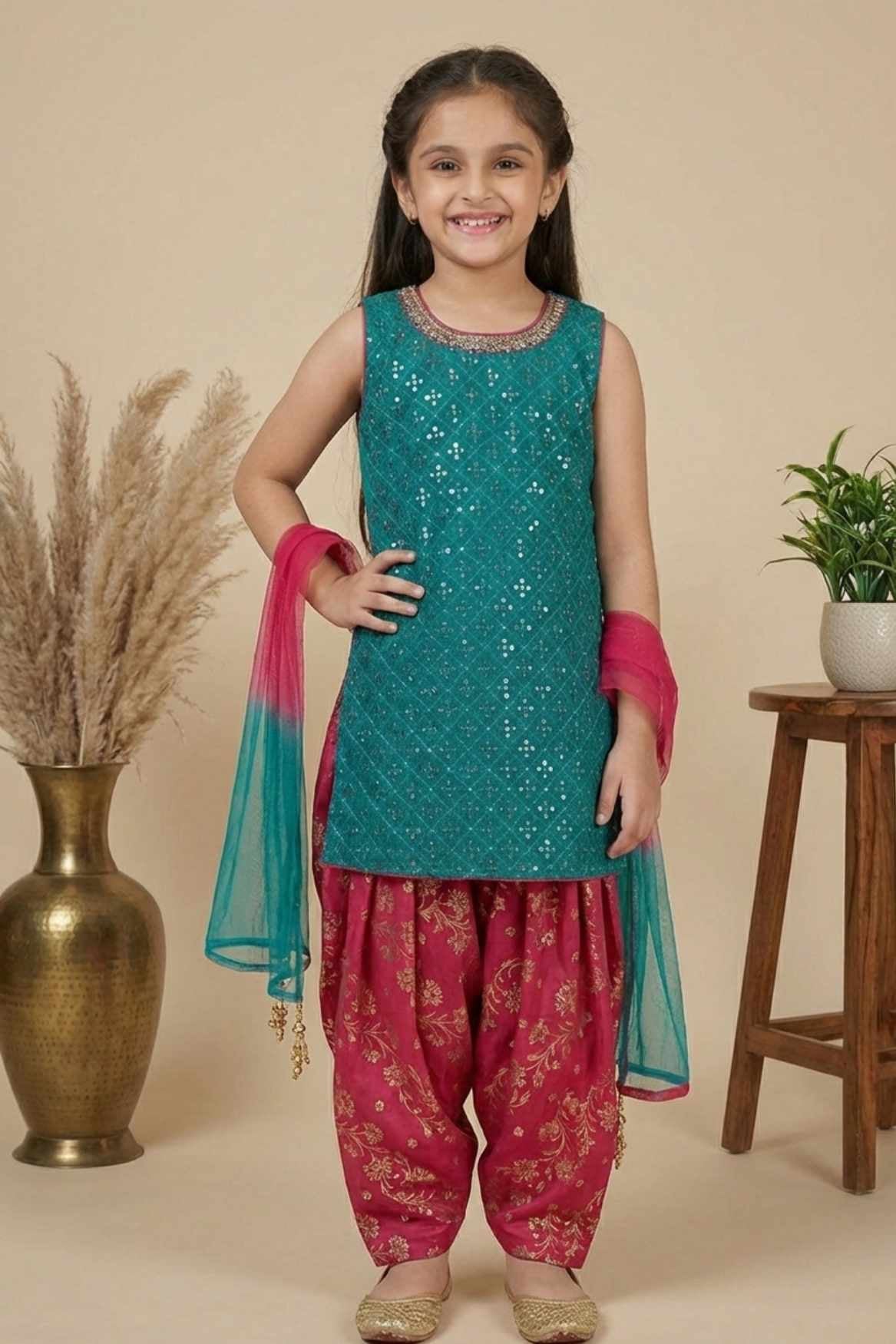 Green & Red Sequins Embroidered Patiala Set with Dupatta For Girls