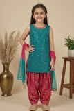 Green & Red Sequins Embroidered Patiala Set with Dupatta For Girls