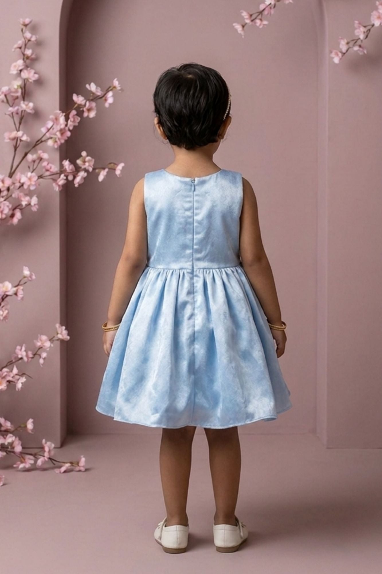 Powder Blue Floral Party Wear Frock For Baby Girls