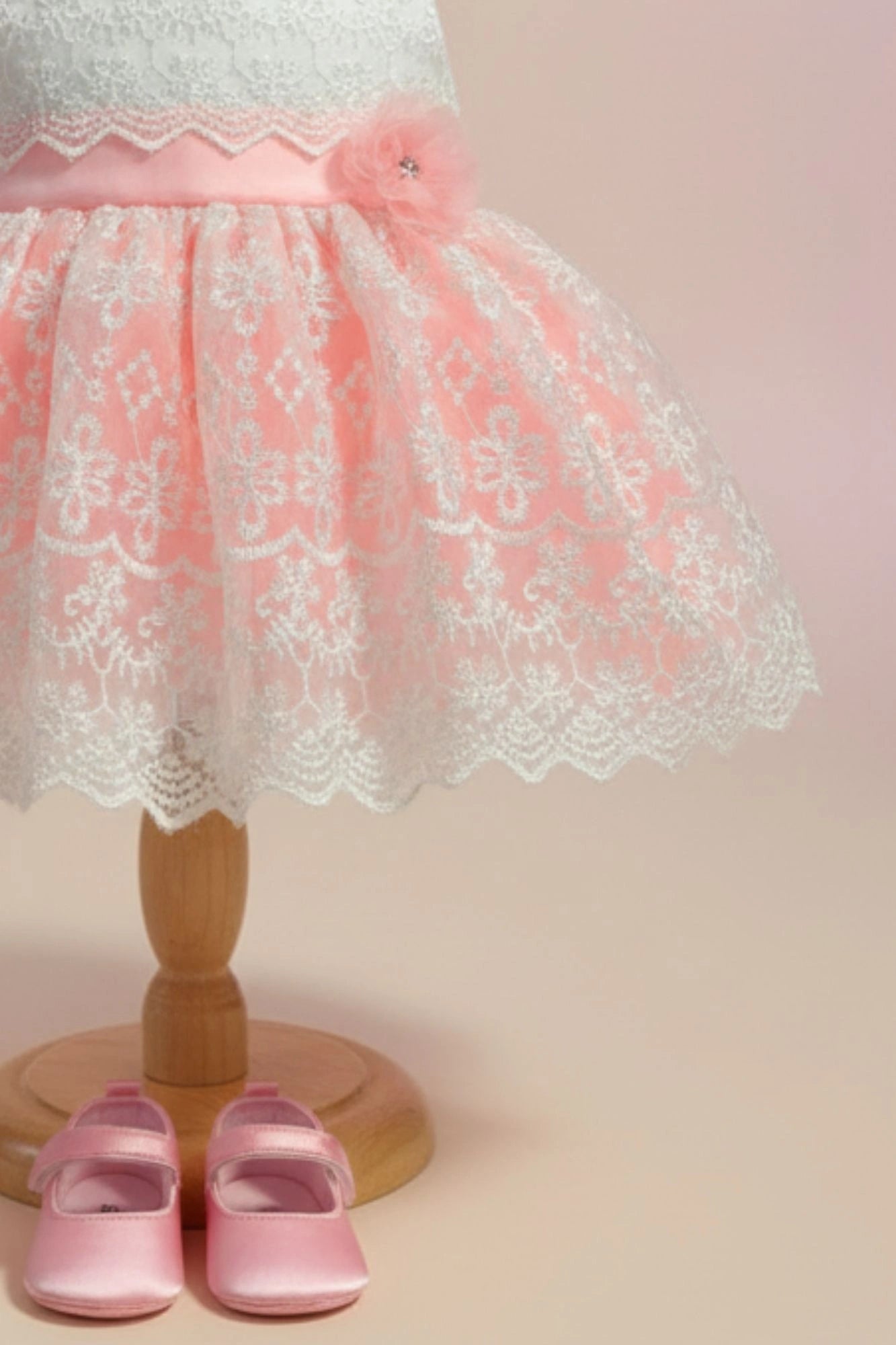 Peach & White Embroidered Party Frock with Floral Appliqué For Girls