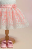 Peach & White Embroidered Party Frock with Floral Appliqué For Girls