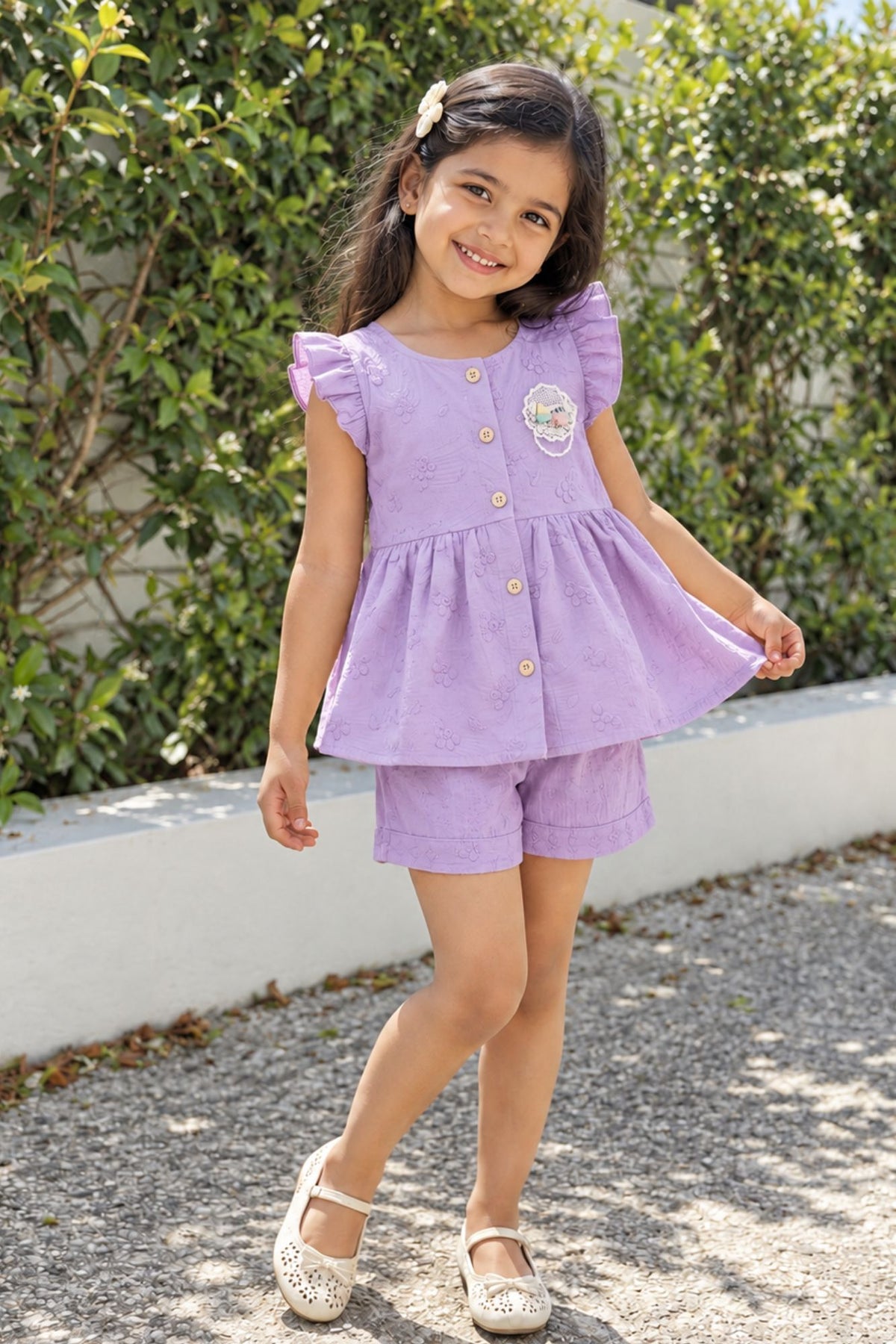 Charming Girls Purple Textured Top & Shorts Set with Ruffle Details