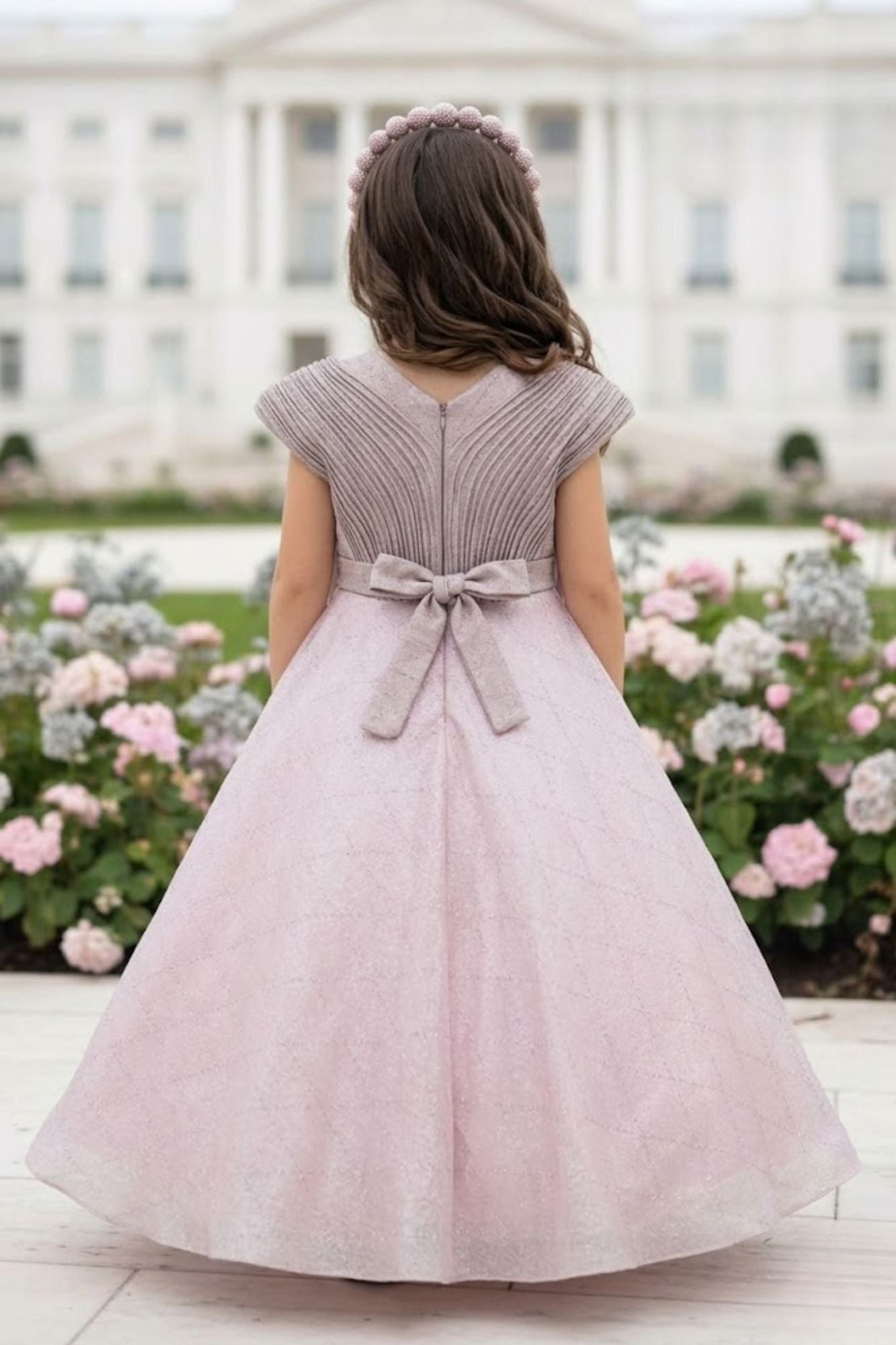 Blush Pink Shimmer Bow Detail Party Gown For Girls