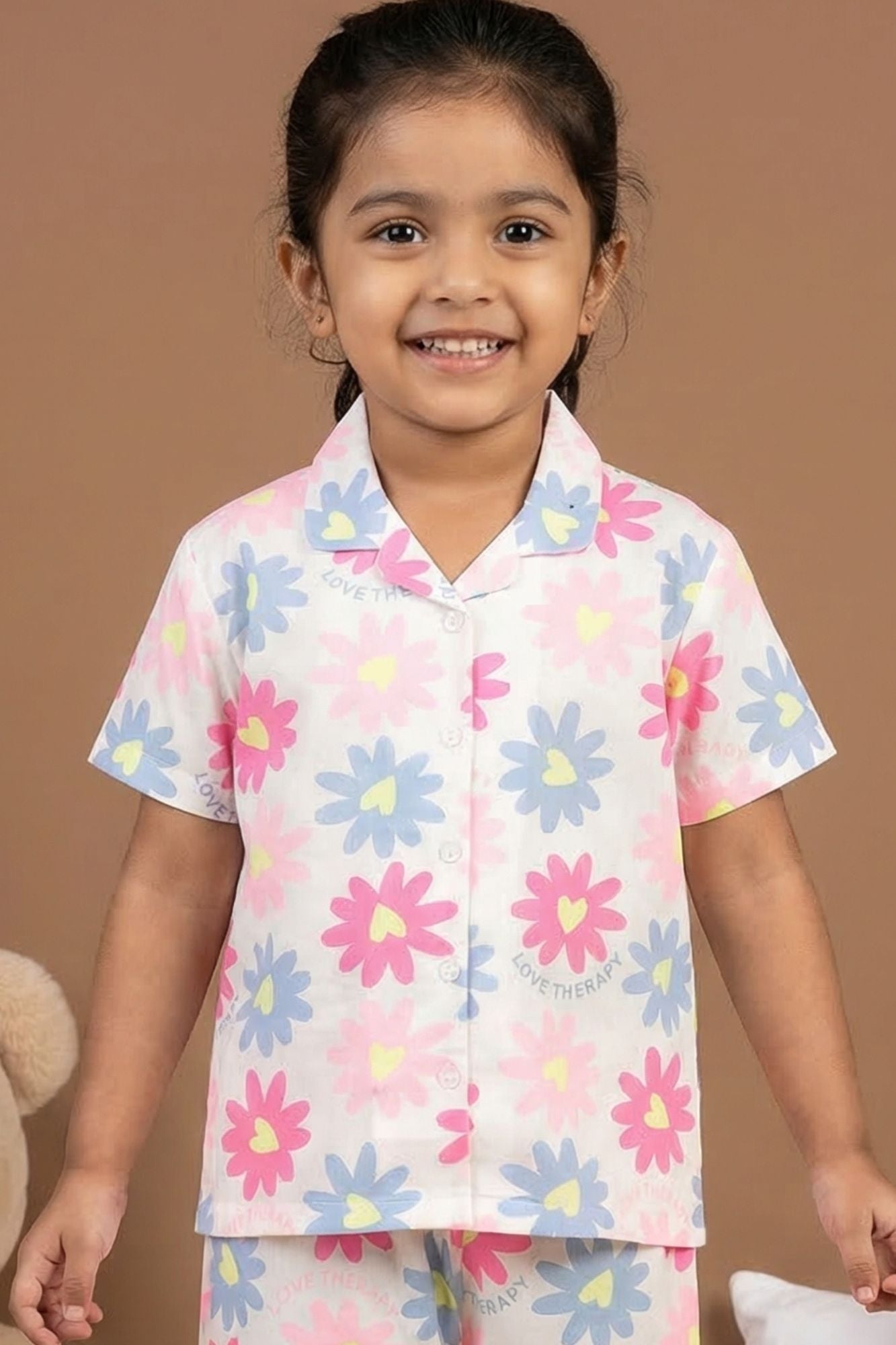 White Multicolor Daisy Floral Print Night Suit Set For Girls