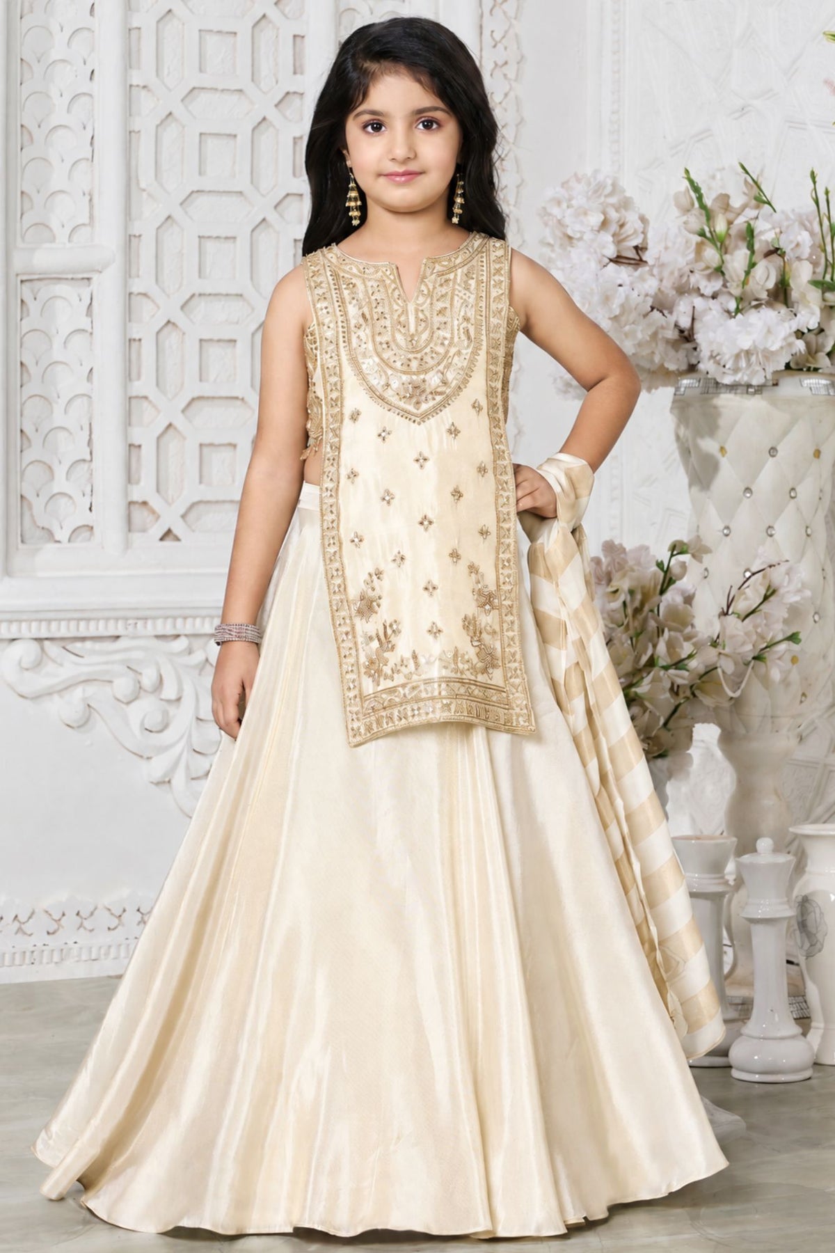 Girls Elegant Cream & Gold Embroidered Lehenga Choli Set