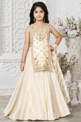 Girls Elegant Cream & Gold Embroidered Lehenga Choli Set