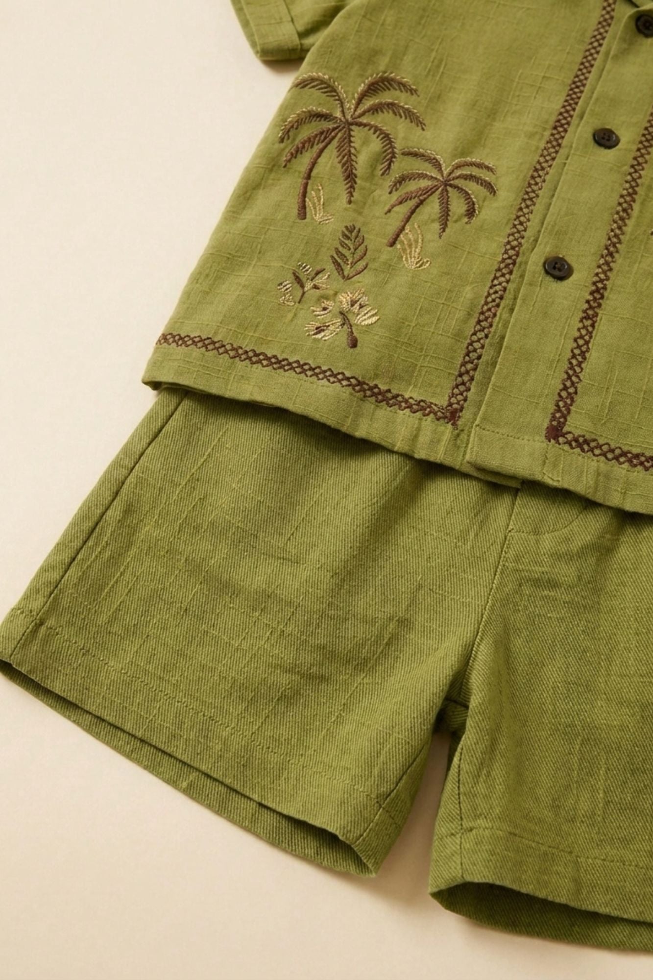 Boys Olive Green Tropical Embroidered Shorts Set with Collared Shirt